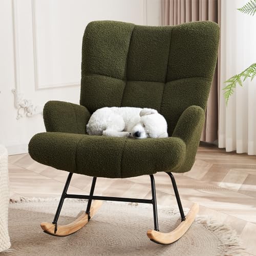 Image of DAICO Nursery Rocking Chair Indoor Upholstered Teddy Fabric Glider Chair Mordern Rocking Accent Chair Comfy Glider Rocker with High Back and Wide Armrest Nursery Chair for Living Room Bedroom (Green)