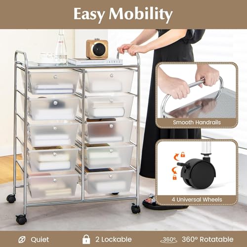 Image of LDAILY 10 Drawer Rolling Cart, Storage Cart Organizer on Wheels, Drawer Cart with Metal Frame & Large Storage Capacity, Rolling Cart with Drawers for Living Room Classroom, Office