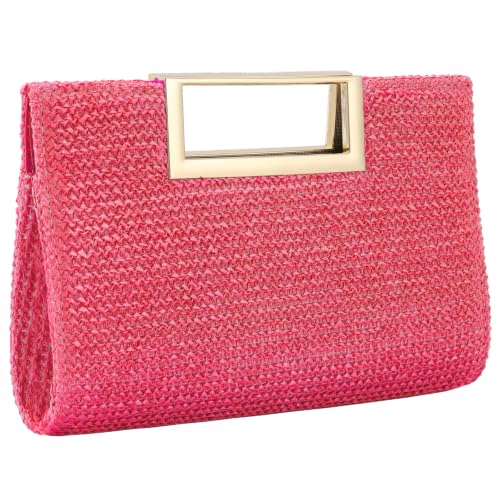 Image of Women's Straw Raffia Clutch Purse, Top Handle Woven Handbag with Crossbody Strap, Summer Beach Shoulder Bag