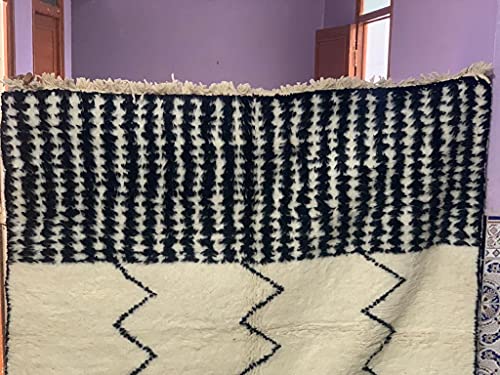Large Moroccan Beni Ourain Area Rug - 5Ft X 8Ft Black & White Zigzag #TOP4