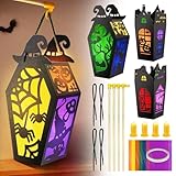 Laternen Bastelset Halloween Basteln Kinder - 4er Pack Spukhaus, Papierlaternen mit Buntglas Effekt und Licht, Halloween Deko Leuchtend