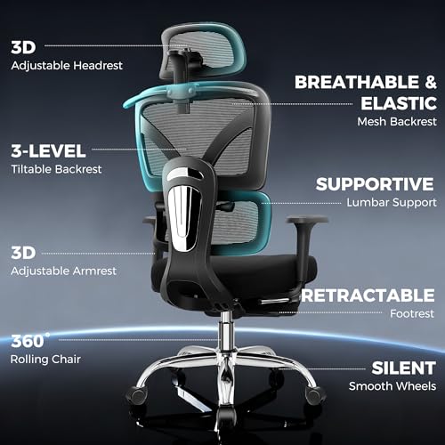 Image of Ergonomic Office Chair with Footrest, Big and Tall Home Desk Chair, High Back Rolling Computer Chair with 3D Arms and Lumbar Support, Comfortable Gaming Chair, Swivel Mesh Chairs, Black
