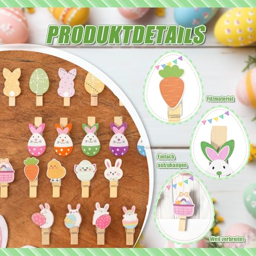 40 Stück Osterklammern mit Hasenmotiv – Kleinigkeiten Zu Ostern, Holz Clips für geldgeschenk Ostern Tischdeko Ostern Geschenkanhänger Ostern, Frohe Ostern Kleinigkeit für Familie Kinder Schule