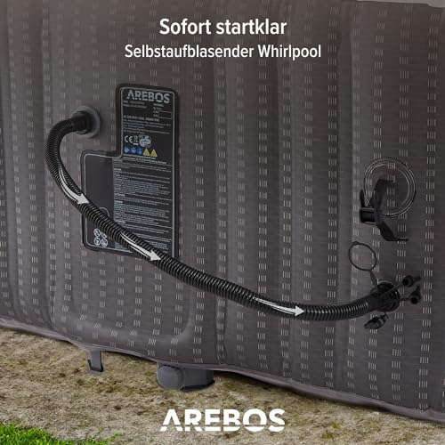 Arebos Spa Whirlpool 2400W | In-Outdoor Pool | für 6 Personen 185x185cm | 130 Massagedüsen | 910 L mit Heizung | Aufblasfunktion per Knopfdruck | Inkl. Abdeckung | Bubble Spa & Wellness Massage