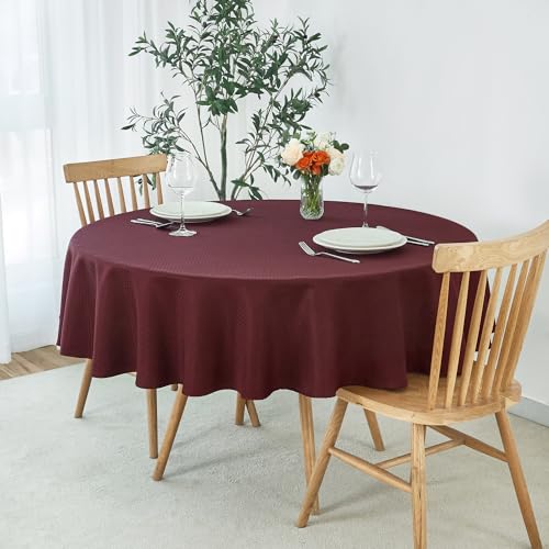 Image of maxmill Round Weaved Texture Design Tablecloth Spill-Proof Wrinkle Free Soft Washable Table Cloth for Circular Table Cover, for Dining Room Buffet Banquet Parties Holiday Dinner, 90 Inch Burgundy