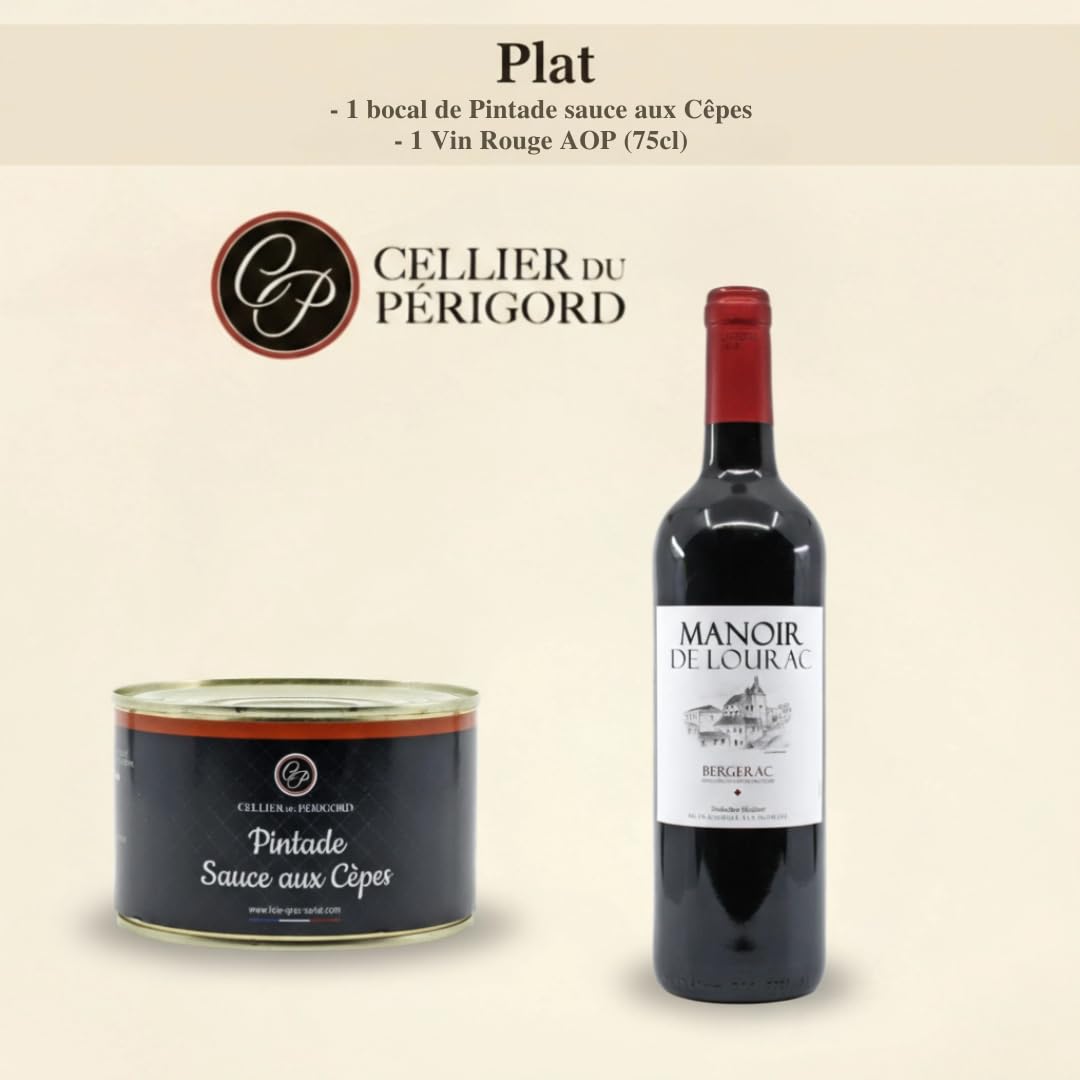 Cellier du Périgord Panier Gourmand Colis de Noël 2 Vins AOP | Colis de Noël : foie gras, terrines, plat du terroir, desserts + 2 vins AOP Côtes de Bergerac et carte de vœux