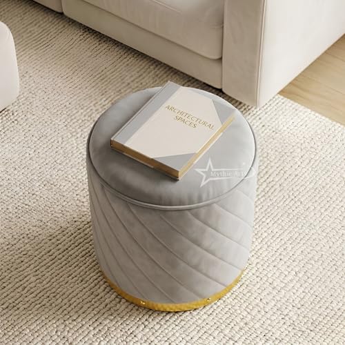 Image of Ottoman Stool, Puffy Stool, Sitting Stool, Modern Upholstered Round Ottoman, Dressing Table for Living-Grey