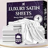 SLEEP SANCTUARY Sábanas de satén tamaño King: juego de cama sedoso de lujo de 4 piezas, más suave que la seda, bolsillo profundo de 15 pulgadas, refrescante, sin arrugas, absorbe la humedad y