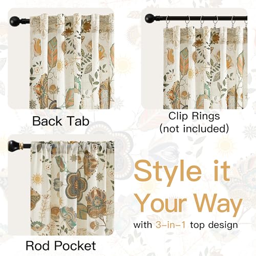 Image of XiDi Linen Vintage Floral Curtains 63 inch Length 2 Panels Set for Living Room Back Tab Rod Pocket Neutral Farmhouse Cottage Light Filtering Bedroom Curtains Pretty Flower Patterned Linen Drapes 52x63