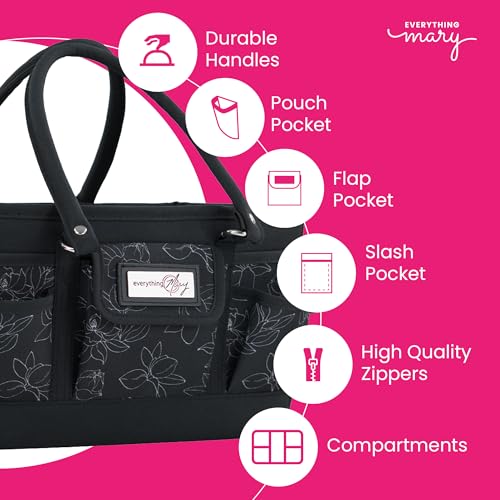 Image of Everything Mary Deluxe Store & Tote Organizer - Black & White Floral Craft Bag with Handle - Collapsible Storage for Scrapbooking, Sewing, DIY Tools & Art Supplies