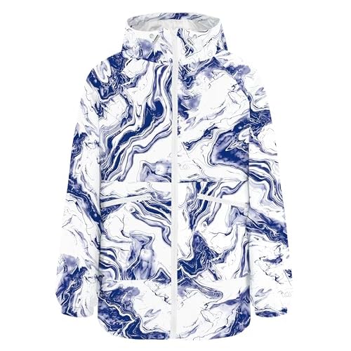 PESION Womens Waterproof Raincoat Lightweight Rain Jacket Trench Coat Hooded Windbreaker With Pockets for Outdoor Blue+ White Medium