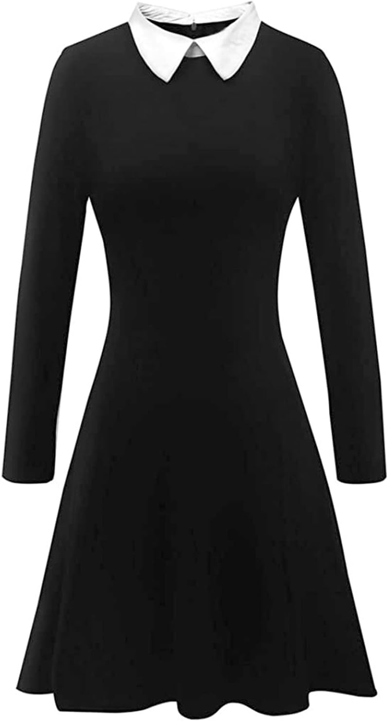 Halloween Costumes for Women - White Collar Long Sleeve Black Dress, Black Braided Wig and Sock - Image 3