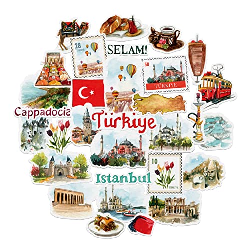 Navy Peony Stickers de voyage envoûtants Türkiye (31 pièces) - Aquarelle, Décalcomanies emblématiques d'Istanbul pour journaux, albums de souvenirs, bouteilles d'eau, valises