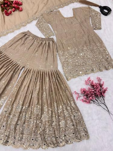 Image of Embroidered Sharara Set, Beige, Net Fabric, Sequin Work, 3-Piece Suit with Dupatta (IN, Alpha, L, Regular)