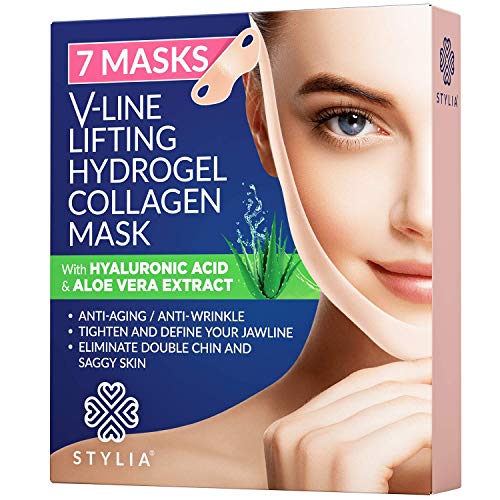 7 Piece V Line Shaping Face Masks – Lifting Hydrogel Collagen Mask with Aloe Vera – Anti-Aging and Anti-Wrinkle Band - Double Chin Reducer Strap - Contouring, Slimming and Firming Face Lift Sheet