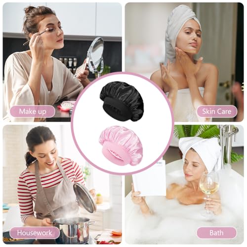 flintronic 2PCS Satin Haarhaube, Satin Seiden Schlafmütze, Nacht Schlafhaube, Schlafhaube Haare Schützen, Satinhaube Zum Schlafen, Für Damen Und Mädchen (Schwarz/Rosa)