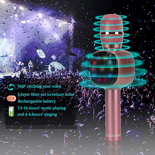 NINE CUBE Karaoke Microphone,3-in-1 Portable Wireless Bluetooth Karaoke Mic, Karaoke Player,Colorful LED Light, Gift for Friends and Kids, Compatible with All Smart Digital Products (Rose Gold) - Thumbnail 6
