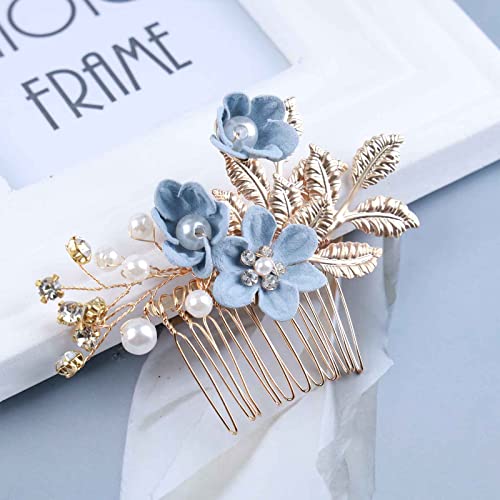 Erimberate Bohemian Crystal Flower Hair Comb Pearl Flower Hair Barrette Gold Leaf Headpiece Vintage Pearl Headwear Hairpiece Decorative Wedding Comb Hair Accessories Jewelry For Women And Girls Gifts (Blue Flower) #TOP2