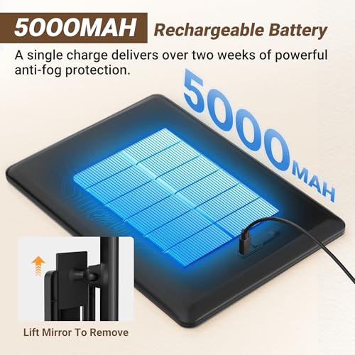 Image of Heated Fogless Shower Mirror for Shaving, 5000mAh Long-Lasting Anti-Fog Shower Mirror with 360 Rotating Design & Razor Holder, Fog-Free Shaving Mirror for Men (Black)