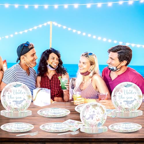 Image of 96 Pcs Under the Sea Party Decorations Ocean Plates and Napkins Sea Turtle Theme Tableware Set Decor Party Supplies for Birthday Wedding Baby Shower Sea Animal Party Favors for 24 Guests