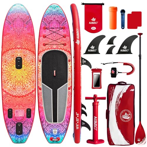 AISUNSS SUP Board 10.6Ft All Around Board Premium iSUP, Yoga Board with SUP Accessories Include Non-Slip mat, Waterproof Phone Bag, Double Action Pump, Adjustable Aluminum Paddle (Red Meditation)