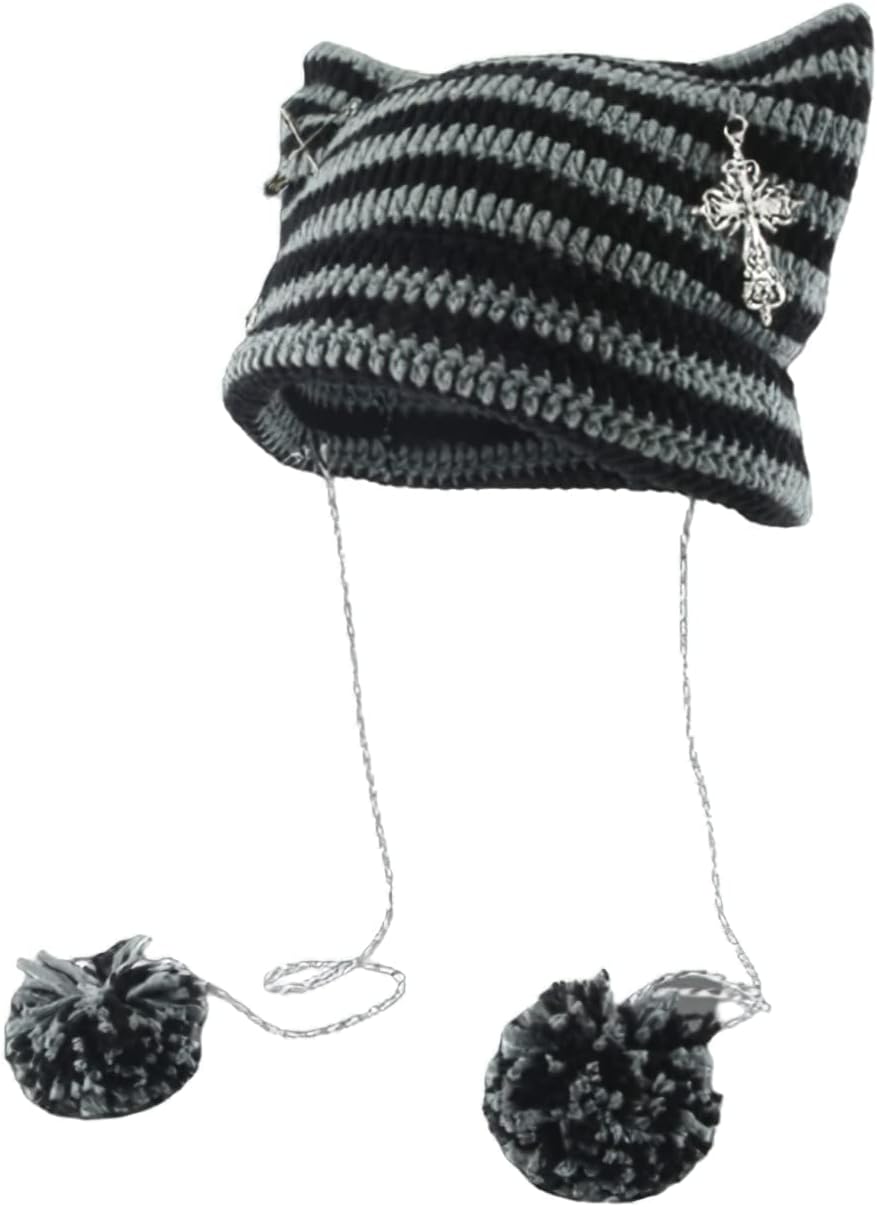 Grunge Beanies Crochet Knitted Hats for Women Girls Fox Cat Ear Goth Emo Alt Y2K Accessories Grunge Clothes Black