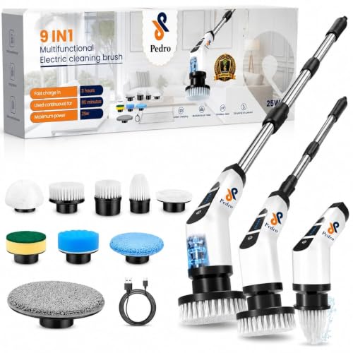 Image of PEDRO 9 in 1 Head Cordless Electric Cleaning Brush | Rechargeable Power Scrubber with Extendable Handle | Multi Surface Cleaner for Home, Car, Bathroom, Tiles, Kitchen, Floor (6 Months Warranty)
