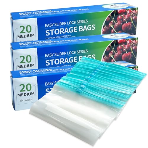 60 bolsas de almacenamiento de alimentos para congelador (23 x 16 cm), bolsas herméticas reutilizables con cierre de cremallera con parte inferior expandible, soporte y relleno, bolsas de