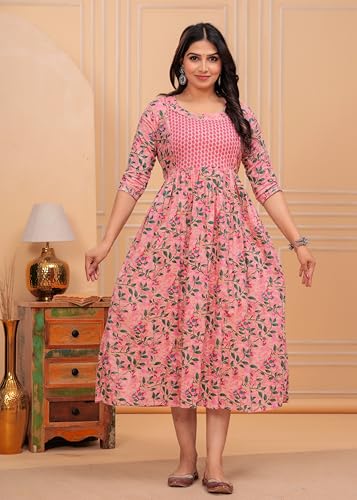 Image of Women's Feeding Kurta Cotton | Floral Anarkali Pregnancy Kurta with Nursing Zipper | Pre & Post Partum | Maternity Dresses | Mom to Be Gift
