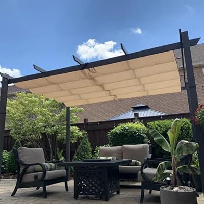 PURPLE LEAF 10' X 10' Outdoor Retractable Pergola with Sun Shade Canopy Patio Metal Shelter for Garden Porch Beach Pavilion Grill Gazebo Modern Yard Grape Trellis Pergola, Beige