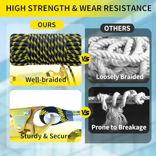 Image of 100FT Fall Protection Safety Rope, Heavy Duty Vertical Lifeline Assembly with Grab Snap Hooks Shock Absorber, Safety Lanyard for Roofing Tree Climbing Construction