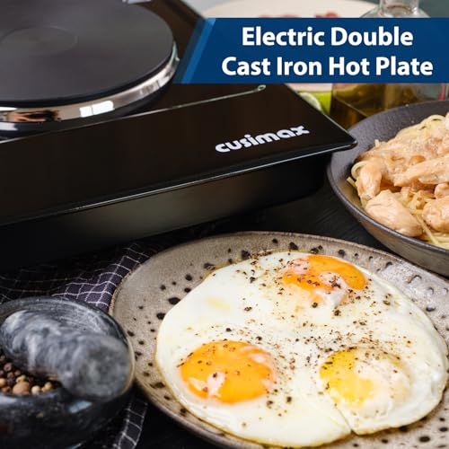 Image of CUSIMAX Hot Plate, 1800W Electric Burner Double Hot Plate for Cooking Countertop Burner with Adjustable Temperature Control, Portable Electric Cast Iron Hot Plates Cooktop, Easy to Clean, Black