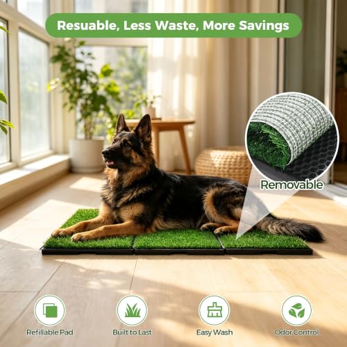 Image of Dog Pee Grass Pad with Tray Extra Large 48 inch x 25 inch Potty for Puppy Training | Reusable artificial pee pad, Indoor /outdoor pet toilet loo, 3-Layer system with grass mat, Keep floor & carpet clean