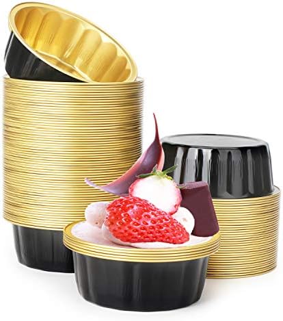 Disposable Baking Ramekins, Beasea 8 oz 100 Pack 3.9" Aluminum Foil Cups Bake Utility Ramekin Cup Souffle Cup Muffin Cupcake Baking Cup Mini Pudding Cups for Party Wedding Birthday - Black Gold