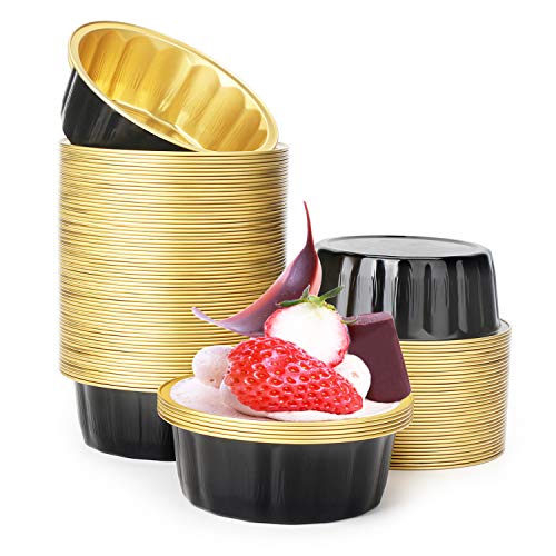 Disposable Baking Ramekins, Beasea 8 Oz 100 Pack 3.9" Aluminum Foil Cups Bake Utility Ramekin Cup Souffle Cup Muffin Cupcake Baking Cup Mini Pudding Cups For Party Wedding Birthday - Black Gold #TOP6