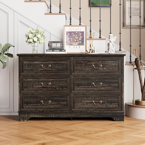 Garvee 6 Drawer Dresser for Bedroom - 47" Wide Double Chest of Drawers, Vintage Drawers Organizer for Living Room, Hallway, Entryway, Dark Oak by Garvee - Used condition - Image 3