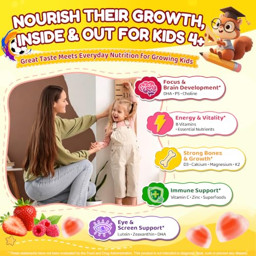 Image of Kids Methylated Multivitamin Gummies with Omega 3 DHA /EPA, Methyl 12 & Folate, Lion's Mane Mushroom, Vitamin D3, C, Zinc, Magnesium, Picky Eater Vitamins Children 4+ for Brain, Focus, Sugar Free,2Pack