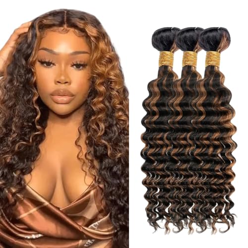 Highlight Brown Bundles 12 14 16 Inch Deep Wave Bundles Human Hair Black Mixed Light Brown Bundles Ombre Unprocessed Virgin 3 Bundles Human Hair Extensions 300G Total for Women