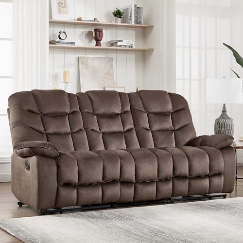 Image of HAOMARKETS 3 Seat Manual Reclining Sofa, Soft Fabric Recliner Couch with Padded Headrest and Armrests, 85 inch Wide Overstuffed 3-Seater Recliner Couches for Living Room, Brown