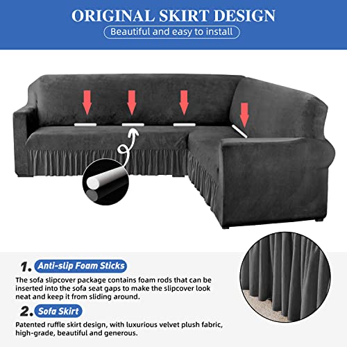 Aliecom Velvet Corner Sectional Couch Covers With Skirt Stretch Soft L Shape Sofa Cover For Dogs Anti Slip U-Shaped Couch Slipcover Living Room Pet Friendly Furniture Protector (Dark Gray, Large) #TOP2