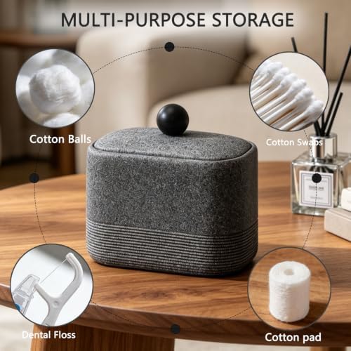 Double compartment resin cotton swab holder with lid, bathroom cotton swab storage box, ideal for storing cotton pads, dental floss sticks, makeup sponges, and various small bathroom items (Gray) - 1
