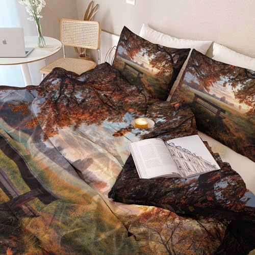 Parure de couette 240x260 cm microfbre avec 2 taies d'oreiller orange paysage d'automne