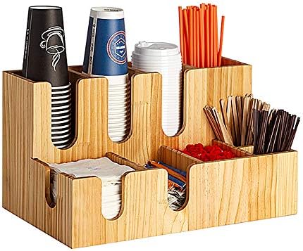 Countertop Coffee Condiment Organizer Cup Holder 9 Compartments, Arylic and Bamboo Wood Material, for Coffee Cup& Lid, Tea Bags and Sugar Packets, Etc,Bamboowood