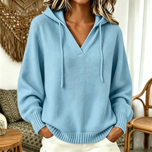 Womens Hooded Sweaters Long Sleeve V Neck Drawstring Cable Knit Sweater - image 2