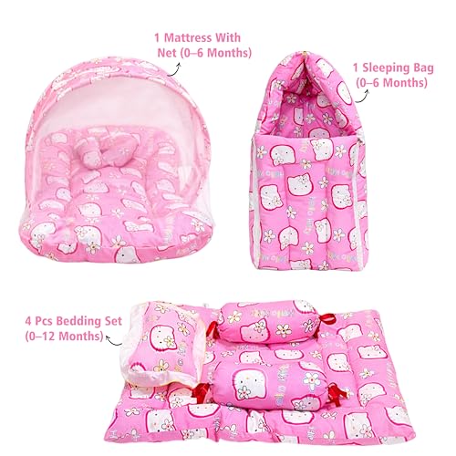 Image of Fareto Combo Of Baby Cotton Mattress With Net | Sleeping Bag | 4 Pcs Bedding Set(0-6 Months, Pink, Size)
