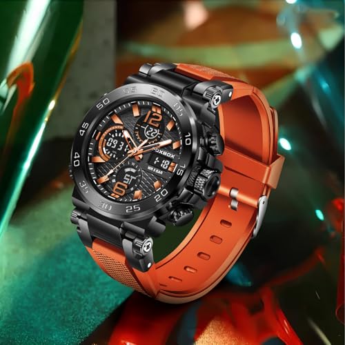 Image of LIGE Stylish Men's Watches Sports Outdoor Waterproof Military Watch Date Multi Function Tactics LED Alarm Orange Dial Stopwatch Analog Digital Orange Silicone Strap Wristwatch for Man