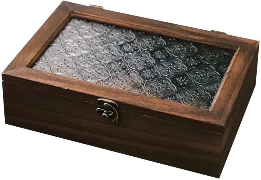Wood Storage Box, Retro Design Solid Wooden Box with Glass Lid Decorative Keepsakes Box for Crafts Jewelry Cosmetics(L)