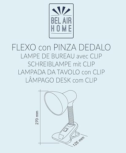 BEL AIR HOME - Lámpara Flexo con pinza de escritorio DEDALO en metal negro, ideal para zonas de lectura y escritorios. Portalámparas E-27 para cualquier bombilla E-27