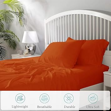 Silentnight 4 Piece 100% Egyptian Cotton King Size Sheet Set Luxury Ultra Soft Bed Sheets Fits Mattress Upto 18 Inch Deep Pocket, King Size - Burnt Orange Solid