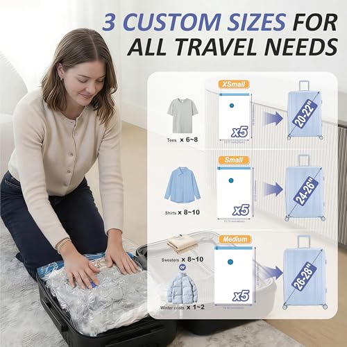 Image of Cozy Essential Travel Vacuum Storage Bags with Rechargeable Cordless USB Pump, Space Saver Bags for Luggage, Suitcase, Carry-On, for Clothes, Blankets, Bedding & Seasonal Storage,15 Combo